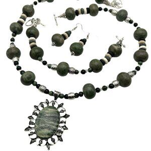 Green Swiss Opal Pendant - Zoezite, Kobaba Jasper, Lava, Crystal